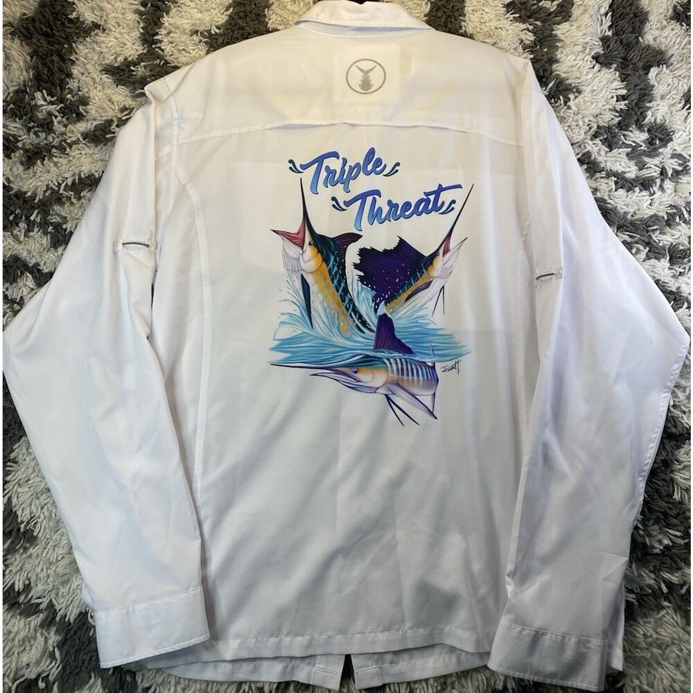 Ahi One Tunaskin Men's 2XL White Long Sleeve Button-Up Fishing Shirt Graphic